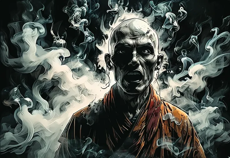 close up portrait many ghosts of Buddhist monks, without faces, shadows, night, jungle, smoke, fog, opened mouth, (bald),

 
graphic style of novel comics,  2d, 8k, hyperrealism, masterpiece, high resolution, best quality, ultra-detailed, super realistic, ...