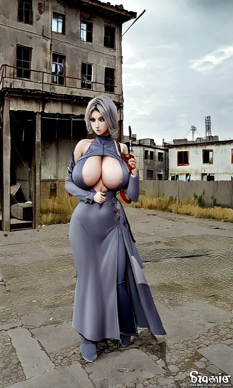 Nier machine gun big-breasted saggy breasts in an abandoned Russian city rain gray clouds autumn with a katana 