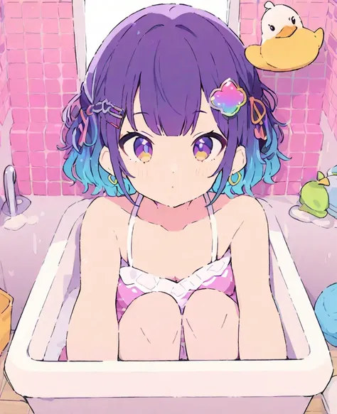 koseki-bijou/(Hololive/),(Flat Color:1.1), (colorful:1.3), (masterpiece:1.2), Highest quality, masterpiece, original, Highly detailed wallpaper, View your viewers, One girl, alone, Enter the bathhouse、Soak in the bathtub、Mount Fuji painting、Duck Toy