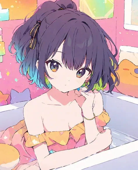 koseki-bijou/(Hololive/),(Flat Color:1.1), (colorful:1.3), (masterpiece:1.2), Highest quality, masterpiece, original, Highly detailed wallpaper, View your viewers, One girl, alone, Enter the bathhouse、Soak in the bathtub、Mount Fuji painting、Duck Toy、Cat ea...