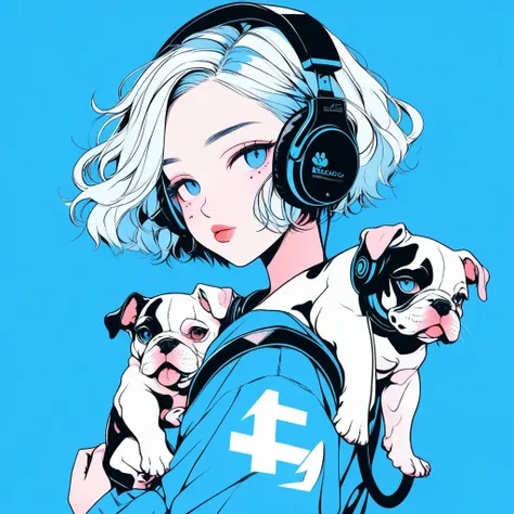 Illustrator, anime , Realistic ,sketch , A girl holding a cute bulldog puppy wearing headphones, ,lip, T-shirt,order,Textured Trim, (masterpiece,Highest quality) Blue background, Neon Hair,Textured Trim, Canadian, (masterpiece,Highest quality) Cancer，