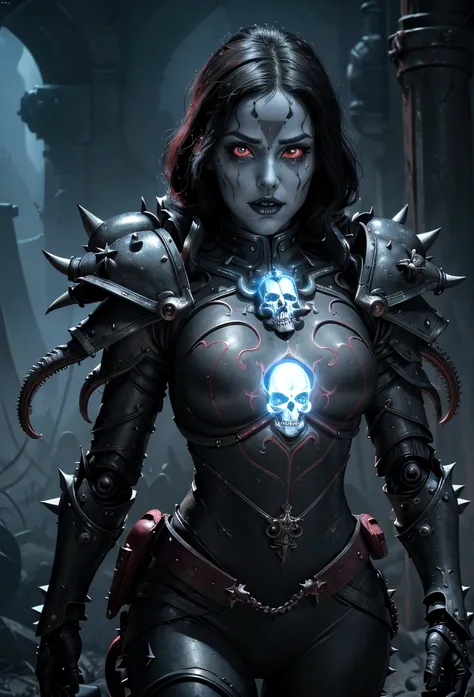 a gorgeous adepta sororitas from the movie tron, glowing skull armor, spikes, teeth, monster, dirty tentacles, pus pimples, crac...