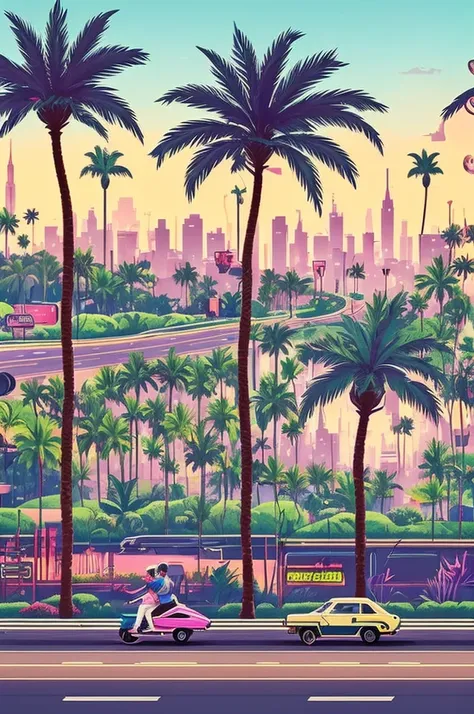 retro 80s art, 2 men on hoverboards down a highway with palm trees on the side of the road, retro art, synthwave, city view in t...