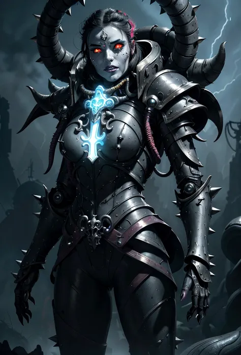 a gorgeous adepta sororitas from the movie tron, glowing skull armor, spikes, teeth, monster, dirty tentacles, pus pimples, crac...