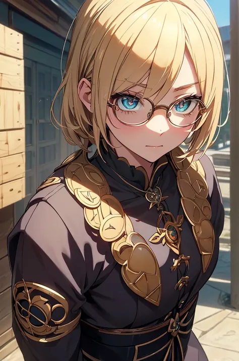 blonde, round glasses, cool, (gear accessories), anime, beautiful, masterpiece, highest quality, (1maleの子:1.5), (shining eyes:1....