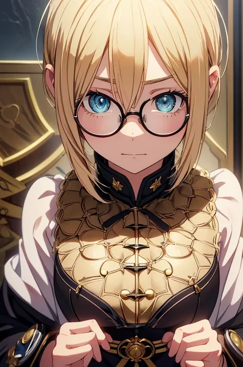 blonde, round glasses, cool, (gear accessories), anime, beautiful, masterpiece, highest quality, (1maleの子:1.5), (shining eyes:1....