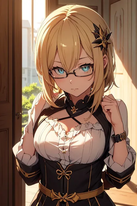 blonde, round glasses, cool, (gear accessories), anime, beautiful, masterpiece, highest quality, (1maleの子:1.5), (shining eyes:1....