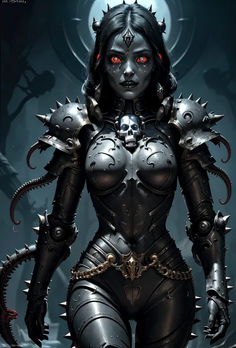 a gorgeous adepta sororitas from the movie tron, glowing skull armor, spikes, teeth, monster, dirty tentacles, pus pimples, crac...