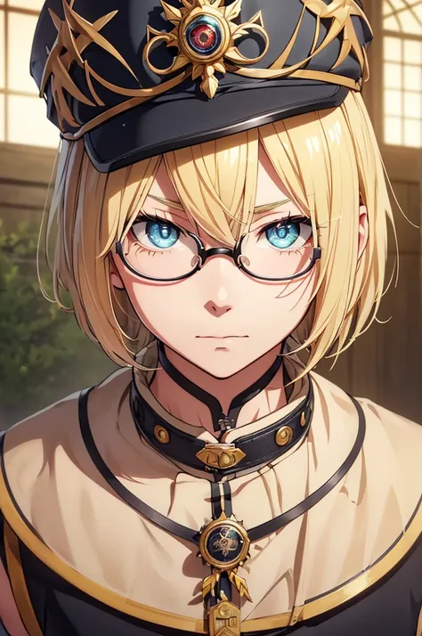 blonde, round glasses, cool, (gear accessories), anime, beautiful, masterpiece, highest quality, (1male性:1.5), (shining eyes:1.3...