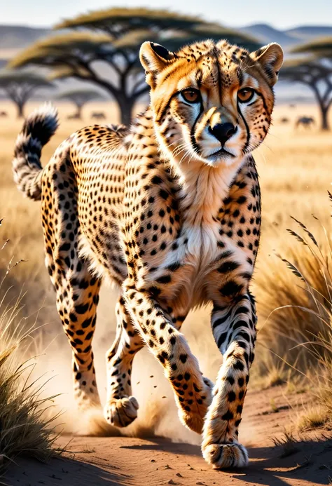 cheetah galloping through the serengeti national park, (masterpiece), (high quality), 8k, high resolution, extremely detailed,