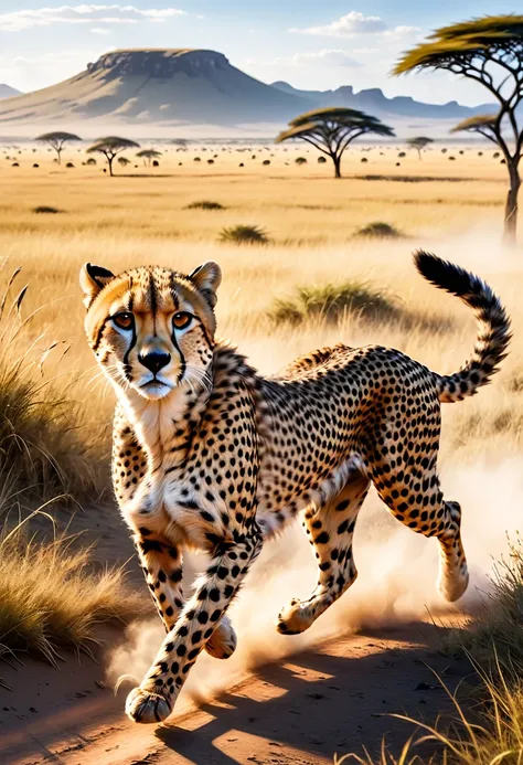 cheetah galloping through the serengeti national park, (masterpiece), (high quality), 8k, high resolution, extremely detailed,