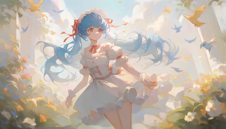 1 girl, blue hair, long hair, cute, light, lolita, short skirt, falling, detailed, flowers, birds, ribbon