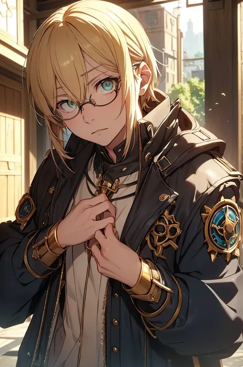 blonde, round glasses, cool, (gear accessories), anime, beautiful, masterpiece, highest quality, (1male性:1.5), (shining eyes:1.3...