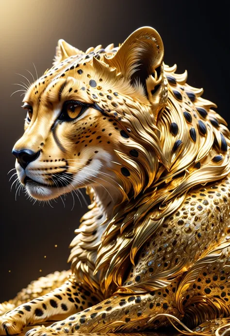 cheetah made of gold metal, (masterpiece), (high quality), 8k, high resolution, extremely detailed,