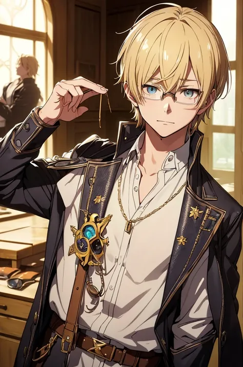 blonde, round glasses, cool, (gear accessories), anime, beautiful, masterpiece, highest quality, (1male性:1.5), (shining eyes:1.3...