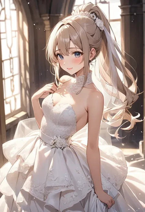 waist-length hair tied in a high ponytail、beauty、sexy wedding dress