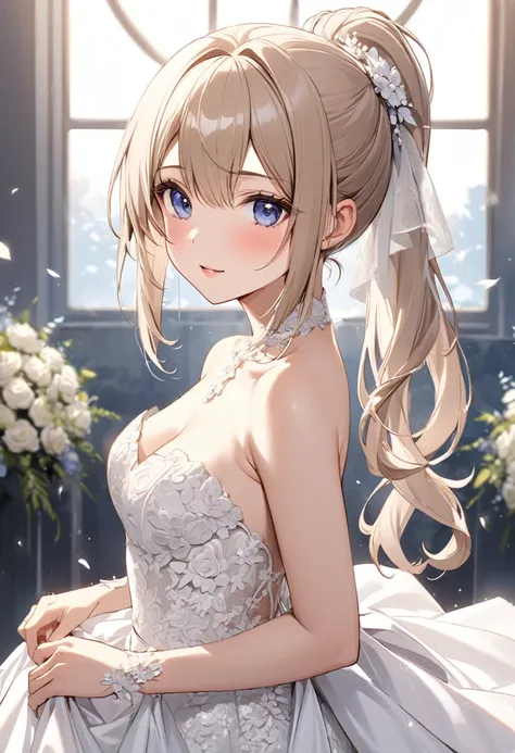 waist-length hair tied in a high ponytail、beauty、sexy wedding dress