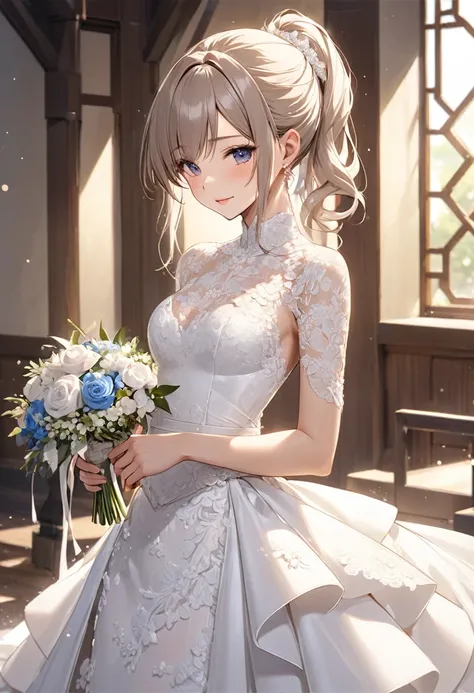 waist-length hair tied in a high ponytail、beauty、sexy wedding dress