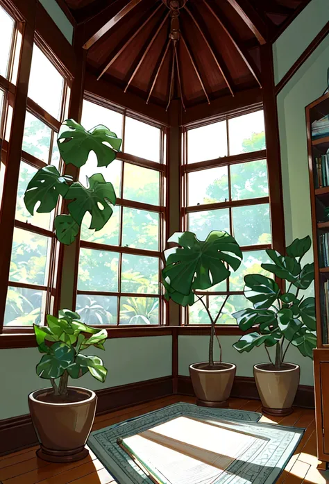 in the spacious and bright living room，carding、a bible on the table simple style，in the middle is a large pot of white monstera