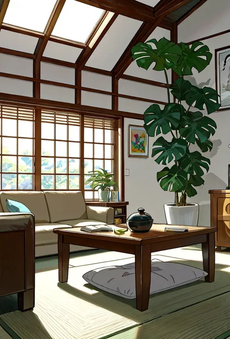 shinkai makoto，art style，in the spacious and bright living room，carding、a bible on the table simple style，in the middle is a lar...