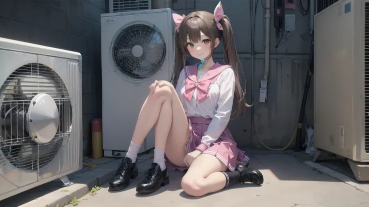 One girl, alone, View your viewers, skirt, Brown Hair, shirt, Long sleeve, bow, Twin tails, Brown eyes, , whole body, shoes, shoes下, Sailor collar, Black footwear, Twin Blade, Cosplay, blue bow, white shoes下, pink skirt, Photo Background, pink Sailor colla...