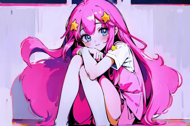 ((best quality)), ((masterpiece)), (detailed), perfect face, 1girl, nakano itsuki, smiling, whimsical, triad color pallette, hug...