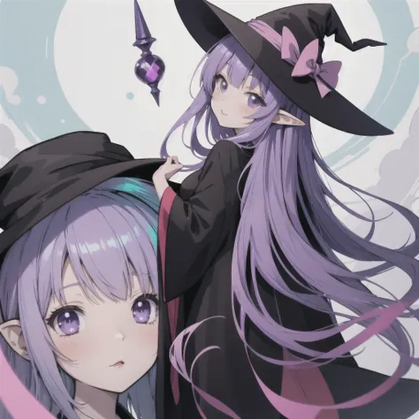 anime girl long purple hair wearing a black Robe. she has pointy ears. Witch Hat. Manga kawaii. iridescent ,An illustration, 0ne person .look back