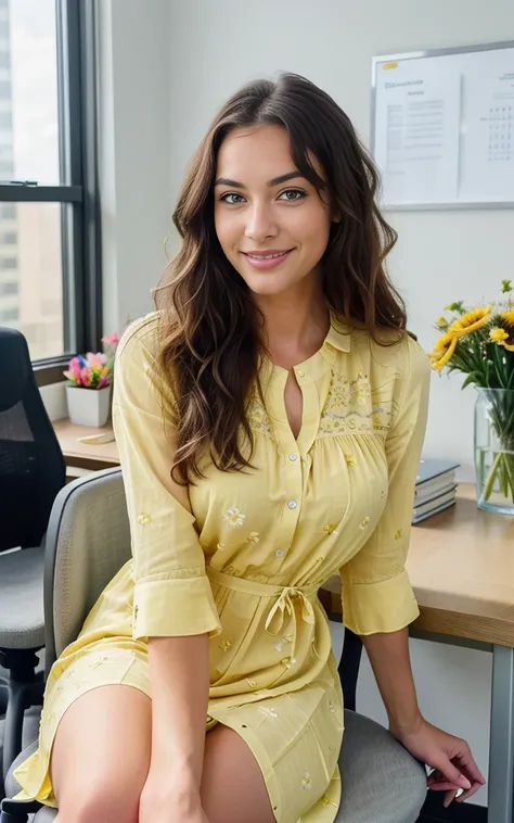 smiling, happy, beautiful brunette, sitting at an office desk, smiling wearing a pretty yellow dress with flowers on, large office with computers, very detailed, 40 years, innocent face, long hair, natural wavy, blue eyes, high resolution, masterpiece, bes...