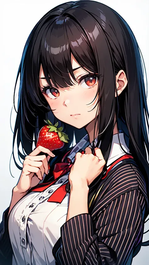 Portrait of a young Japanese female student with long straight black hair and bangs. She is wearing a white shirt and a red and blue striped bow tie. She is holding a strawberry. The background is simple and plain. The style is realistic with attention to ...