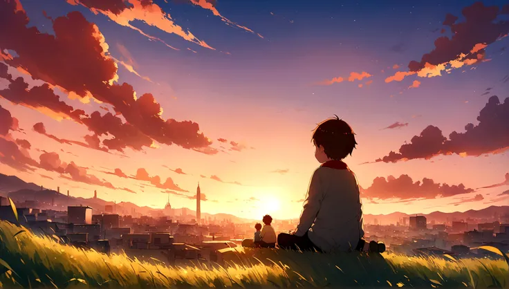 Evening City、The sky is wonderful、Sunset sky、3 year old little boy sitting on top of a building、Brown Hair、Back view、The city is bright with the sun、Highest quality、Anime Scenery、Xin Haichen、building、Field、Sunset sky 110207, distant 3 year old little boy s...