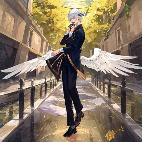 1boy, smelling a flower, sleepy, tranquil, serene, youthful, angel wings, white hair, fullbody, fullbody pose, dynamic pose, creative pose, in the style of zoru