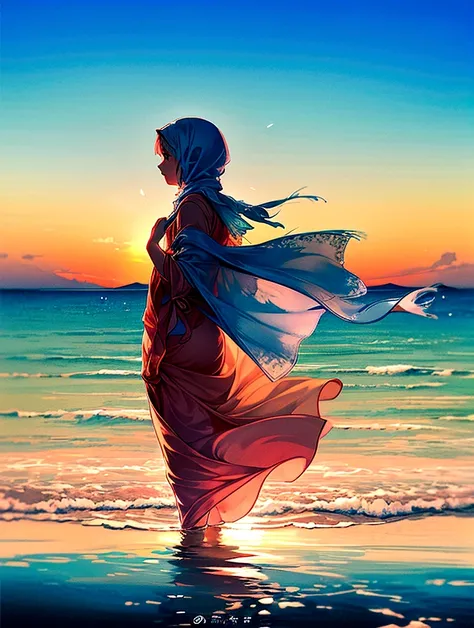 Create a watercolor painting of a person standing at the edge of the sea, facing the horizon. The scene should depict gentle waves lapping at the shore and a clear sky overhead. Woman wearing Muslim hijab. The person is dressed in a flowing, light-colored ...