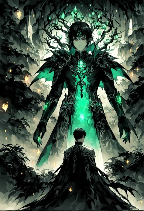 Close-up of faces，((The background is in a dark cave))，mysterious，((There must be a glowing jade floating in the cave.))，A boy standing below，((boy))，Childlike，short hair，((Chinese style，Immortal World，Xianxia World)),Primeval forest，only one person