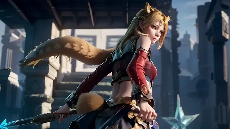 from below，Super Resolution, (Realism: 1.3), 1 (Slim: 1.2) Girl, Solo, Looking at the Audience, League of Legends, Fox, KDA Fox, Blonde Hair, Fox Ears, Fox Tail, Blue Coat, White Top, Black Skirt, Laser, Light Effect, Super Perfect Face, Perfect Eyes, Good...