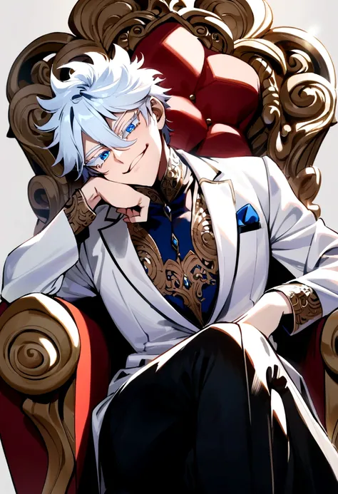 satoru gojo,white hair,short hair,hair between eyes,blue eyes,colored eyelashes, smirking mouth, sitting on a throne with crossed legs, head resting on his chin, high quality