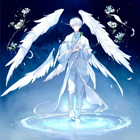 1boy, smelling a flower, sleepy, tranquil, serene, youthful, angel wings, white hair, fullbody, fullbody pose, dynamic pose, creative pose, in the style of zoru