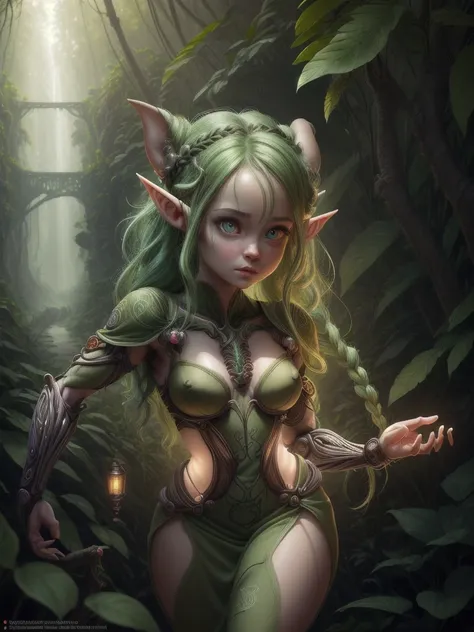 female cute elf portrait, (anatomical biometrical hands), in a jungle, two braid hair, perfect body shape, ((wearing cute elf dress)), cute face, full body, looking back (hyper detailed eyes, hyper detailed face), 16k, 8k, RAW photo, best quality, masterpi...