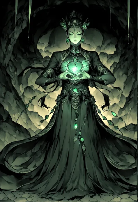 ((The background is in a dark cave))，mysterious，A glowing jade pendant，((Chinese style，Immortal World，Xianxia World))