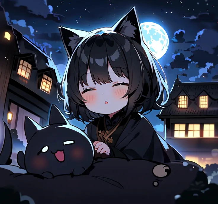 moon, Very cute sleepy black cat, night