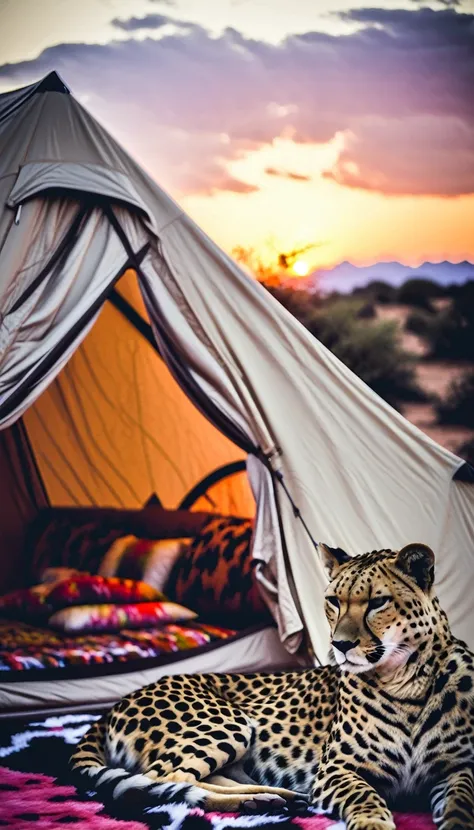 highest quality、masterpiece、sunset savanna、tent、tentで寝る女性:1.37、sleeping bag、sleeping with a cheetah、