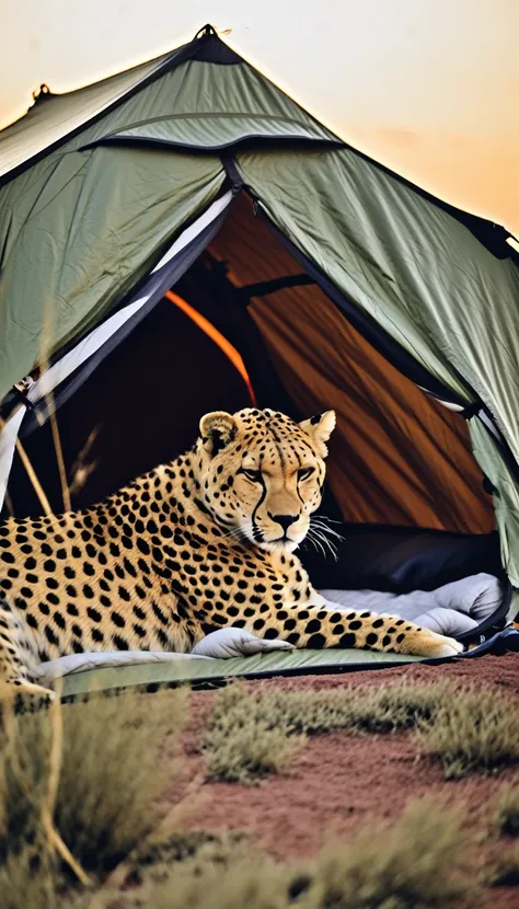 highest quality、masterpiece、sunset savanna、tent、tentで寝る女性:1.37、sleeping bag、sleeping with a cheetah、