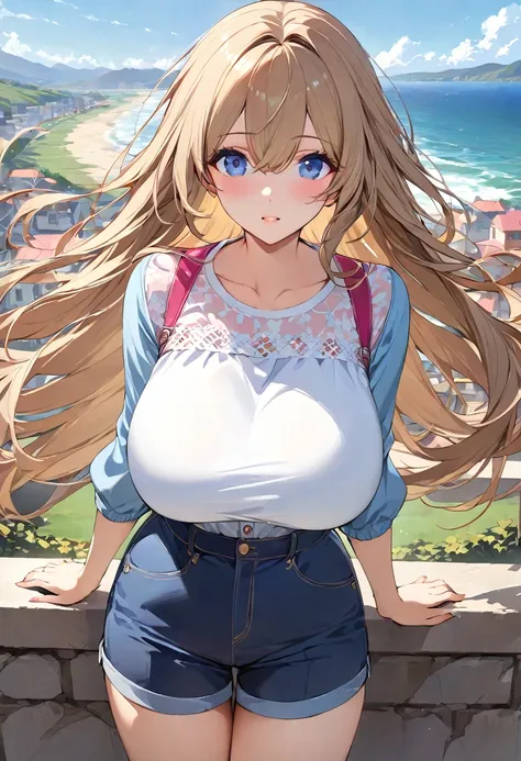 masterpiece, best quality, ultra detailed, one cute girl has long hair, (wind:1.2), detailed eyes, the background is outdoors, (magnificent view:1.2), the girl wearing (casual and cute clothes), large breasts, front view, 