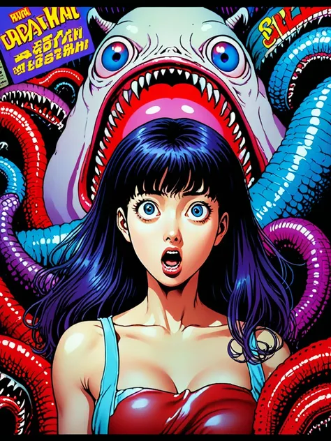 illust、art、from 80s horror movie, directed by Junji Ito、Naked Women、A woman with a scared expression、A giant, bizarre looking slug crawls up to you、Overaction、Overreaction、high detail, realsitic shadow、Analog style, vhs style, 8mm film, chromatic aberratio...