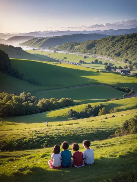 Three children sitting under a tree on a picnic. In the background a village, and beyond the village a huge wall of ice. In the back, green grassy fields and the sky at dusk 