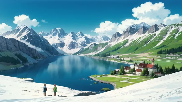 (((Ghibli style))),Humanity, Austrian Alpine meadows. Mountains in the background. Snow-capped peaks. summer. sun. good weather. photography. Mountain Lake