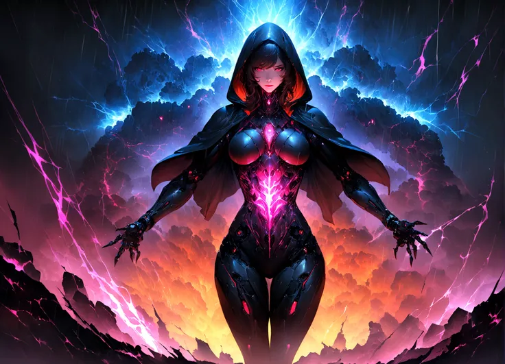 masterpiece, cyborg, The body is glamorous、, Wearing a hood, Shrouded in shadow, , Positano colours, Completely in frame, whole body, Emits electrical energy, whole body, Beautiful anime waifu style man, Ultra-detailed CG paintings, Luminism, Art by Kahn G...