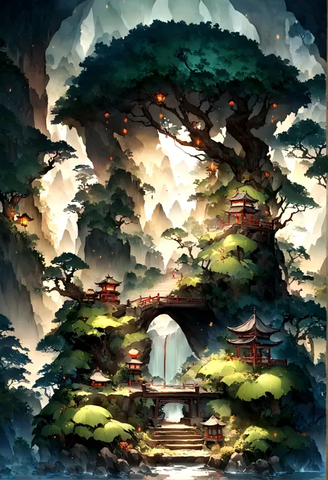 ((Mountain，Cave))，Lots of glowing plants，Mysterious forest，Bird，Fog was raging，Cave，Star bright，Mysterious and dreamy，Chinese style，Immortal World，Xianxia World，((nobody))