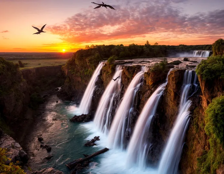 Portraiture, photography, Hermaphroditic landscape, Birds fly over the waterfall , Brilliant sunset