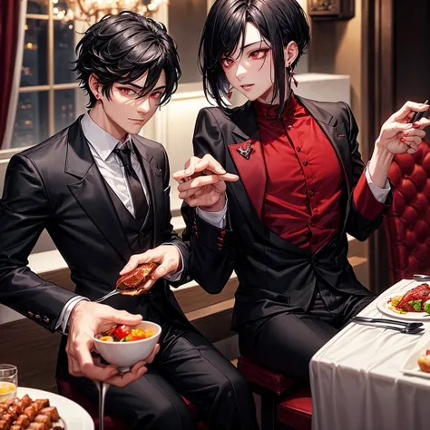 A gentleman,with red eyes and black hair with wolf cut hairstyle,wearing tuxedo,wearing earrings and necklace,eating at steak restaurants 