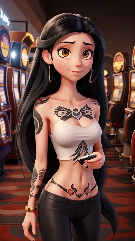 Woman long black hair tattoo arm chest, cell phone in hand in a casino